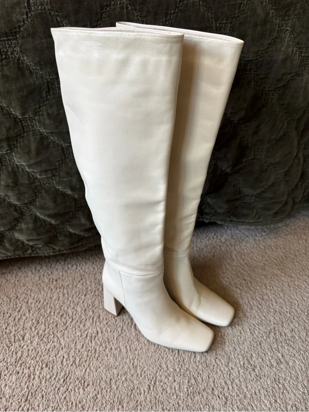 ZARA Women's Cream Knee-High Block Heel Boots